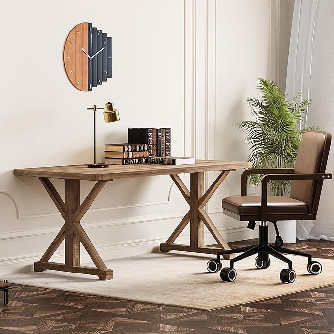 homary 59.1" Rustic Solid Wood Desk, Home Office Desk with Trestle Base, Executive Writing Table for Home Office, Study Room or Dining Space, Natural Finish