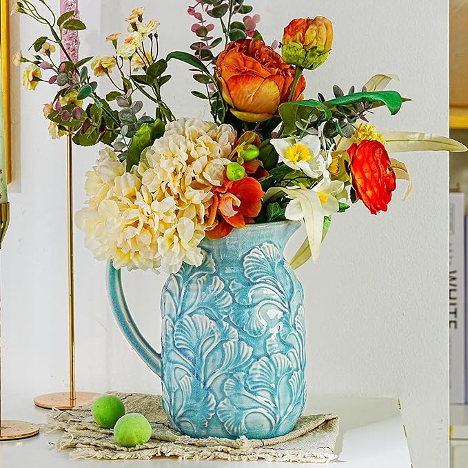 Sungmor Embossed Ceramic Pitcher Vase, Decorative Blue Farmhouse Ceramic Pitcher for Flowers, Vintage Textured Vase for Table, Kitchen & Home Decor, 8 Inch with Ice Crackle Glaze Finish