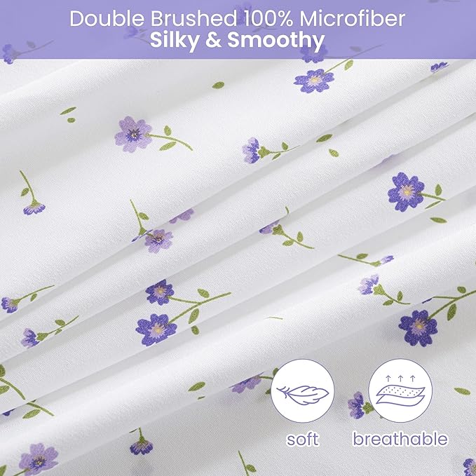Softan Floral Full Sheet Set Purple Flower Printed Bed Sheets Double, Cozy Microfiber Patterned Fitted Sheets with 15" Deep Pocket & Non-Slip Straps, Cute Purple Sheets and Pillowcase Set