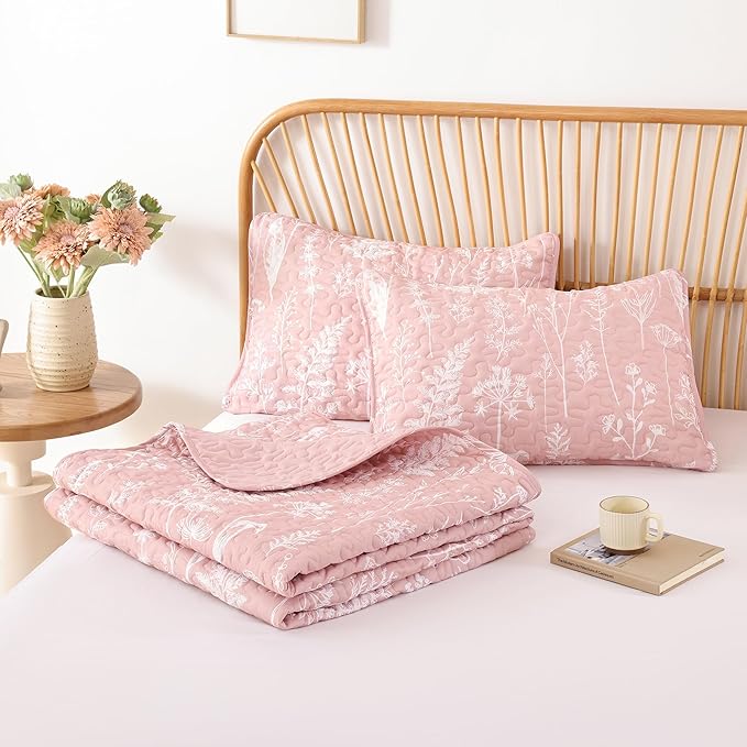 JANZAA Quilts Queen Size Pink Quilt Botanical with Floral Pattern Microfiber Bedspreads Queen Size 3 Pieces Lightweight Comforter Reversible Bedding Set with 2 Pillow Cases