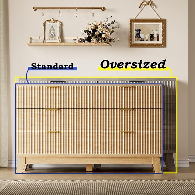 Fluted 6 Drawer Dresser, 47.2" Wide Modern Boho Chest of Drawers, Wooden Storage Dresser TV Stand for Bedroom, Living Room, Closet, Hallway, Curved Profile Design