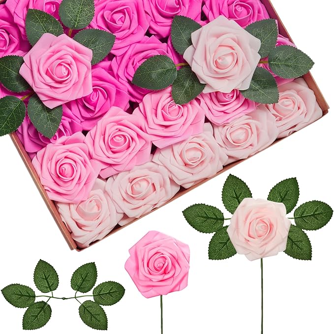 InnoGear Artificial Flowers, 100 Pcs Shades of Pink Foam Fake Roses Bulk with Stems for Decoration Celebration DIY Wedding Bouquets Centerpieces Bridal Shower Party Christmas Tree