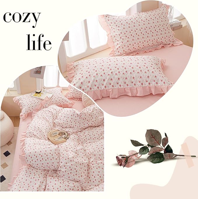 VM VOUGEMARKET Queen Comforter Set Shabby Ruffle Comforter,Bed in a Bag Pink Flower Bedding Set for All Seasons,Soft Comfy Floral Comforter with 2 Pillow Shams-90 x90