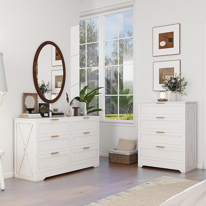 White 6 Drawer Dresser for Bedroom, Modern Dresser Chest of Drawer with Large Drawers & Rose Gold Handles, Wooden Dressers Drawer Storage Unit for Bedroom, Living Room, Closet