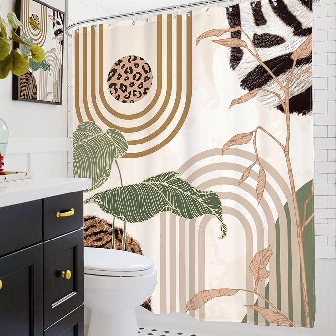 Glawry Green Abstract Shower Curtain Boho Tropical Leaves Palm Leaf Mid Century Minimalist Modern Bathroom Leopard Print Fur 60Wx72L Inches Bath Accessories Art Home Decor Fabric 12 Pack Hook