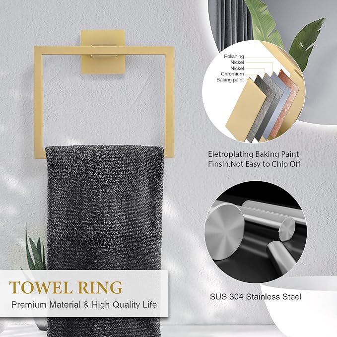 6-Piece Bathroom Hardware Set 23.6 Inch Gold Towel Bar Set Double Towel Bar Towel Ring Coat Hook and Toilet Paper Holder with Shelf Wall Mounted Stainless Steel Bathroom Accessories Set