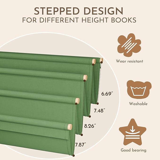 Toddler Bookshelf,4-Tier Book Rack Organizer with Fabric Storage Pockets, Wooden Bookshelves with Open Forward Display, Montessori Book Shelf for Nursery/Playroom, Natural/Green