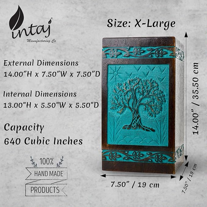 INTAJ Cremation Urn for Human Ashes - Wooden Urn Box for Ashes Handcrafted - Tree of Life Memorial Urn Funeral Cremation Urns (Teal Green, XX-Large (640lbs or 290kg))