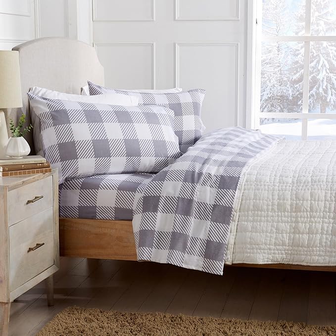 Market & Place 100% Turkish Cotton Flannel Sheet Set | 4 Piece Deep Pocket Novelty Cozy Winter Bed Sheets | Double Brushed for Extra Softness & Comfort | Alpine Collection (Full, Buffalo Check Grey)