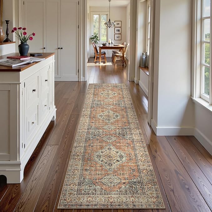 Lahome Oriental Washable Kitchen Runner Rug Non Slip, 2x8 Runners for Hallways with Rubber Backing, Vintage Soft Long Carpet for Bathroom Laundry Bedroom, Peach/Orange