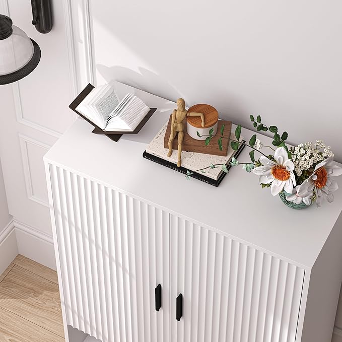 BOXACTION 4-Tier Fluted Shoe Cabinet with 2 Doors & Open Shelf, Mid Century Modern Shoe Storage Organizer with Adjustable Shelves, Metal Handles & Wood Legs, Hidden Shoe Rack for Entryway, Hallway