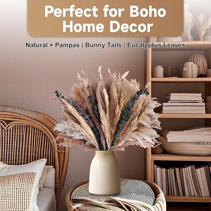 Pampas Grass Boho Home Decor 71PCS 17 inch Natural Dried Flowers for Vase Eucalyptus Stems Pompas Dried Flowers Bouquet DIY Arrangements Boho Wedding Bedroom Tables Decoration