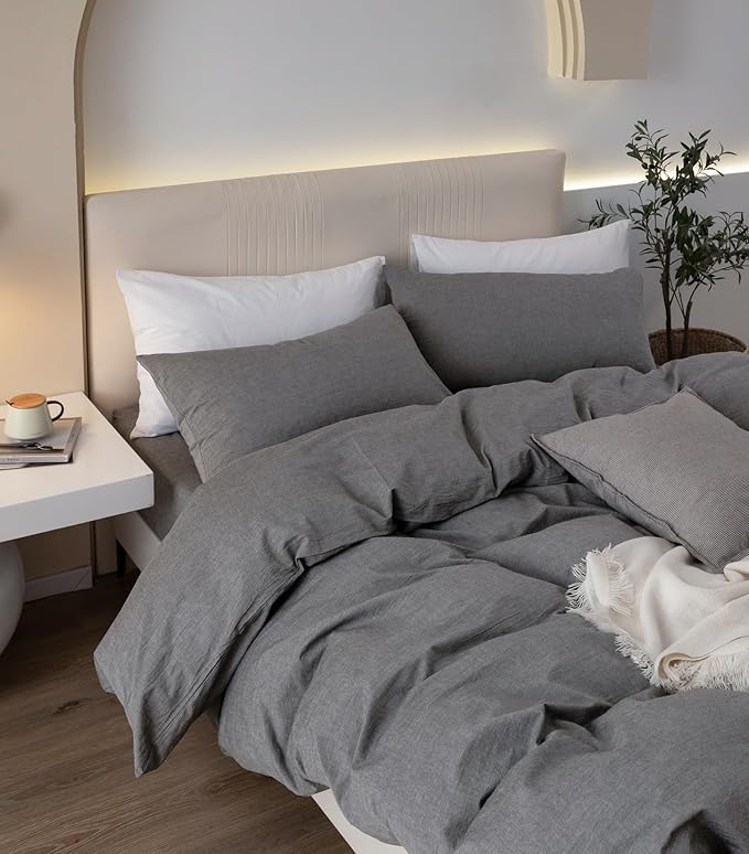 JIYUAN 100% Washed Cotton Duvet Cover Set 3 Pieces Cal King, 1 Duvet Cover 104x98 Inches (Comforter Not Included) and 2 Pillowcases,Linen Feel Bedding Set Comfy and Breathable, Heathered Dark Grey