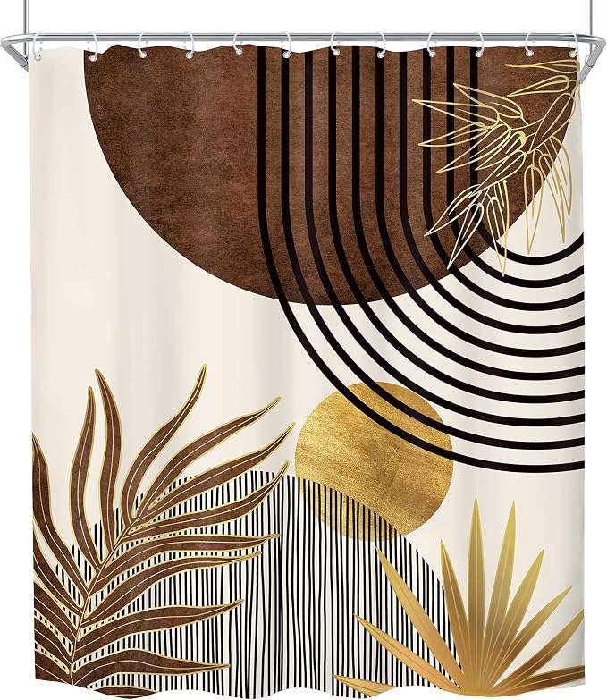 KOMLLEX Mid Century Boho Shower Curtain for Bathroom Decor 60Wx72H Inches Abstract Modern Sun Minimalist Arch Golden Leaves Art Line Geometric Aesthetic Fabric Waterproof Polyester 12 Pack Hooks