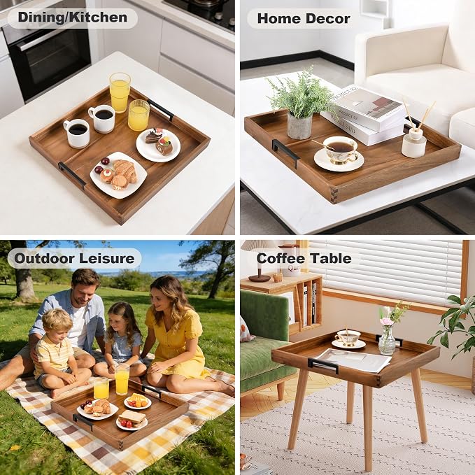 Large Ottoman Tray for Living Room and Coffee Table, Decorative Acacia Wood Serving Tray with Metal Handles for Breakfast in Bed, Dinner Food Kitchen TV (Natural, 17" x 17" x 2")