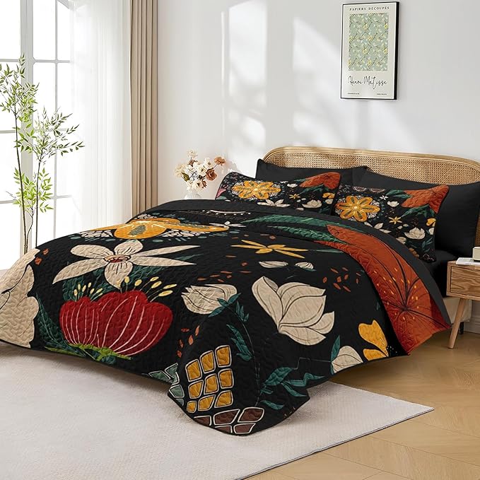 Quilt Set Full/Queen Size, Black Tropical Floral 3 Pcs Soft Bed Cover Bedding Set, Farmhouse Botanical Lightweight Bedspread Coverlet with 2 Pillow Sham for All Season