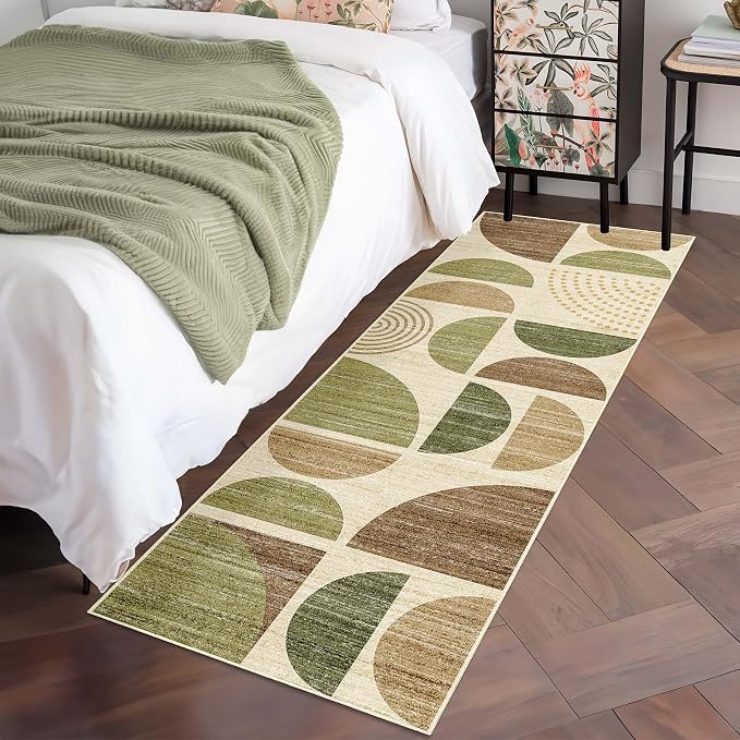 MUJOO Runner Rug Washable,2x6 Area Rugs for Hallways Kitchen Bathroom Bedroom Entryway,Non Slip Carpet Long Mat Indoor,Boho Soft Modern Abstract Vintage Green and Brown