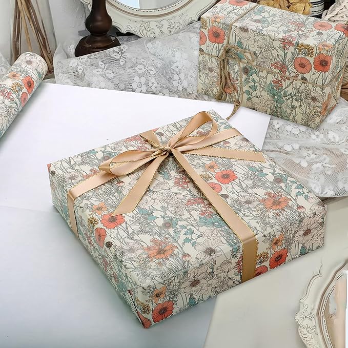 8 Sheets Vintage Wildflower Wrapping Paper - 19.7” x 27.6” Spring Floral Gift Wrap Paper for Girls, Women Birthdays, Baby Showers, Bridal Showers, Weddings, Valentine’s Day Party Celebrations