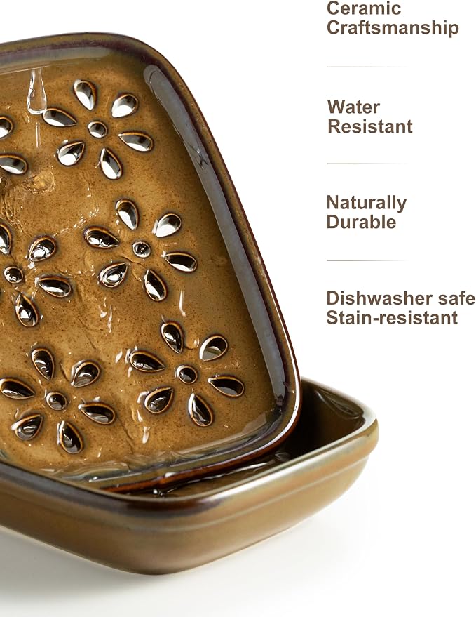 Miamolo Soap Dish with Draining Tray, Bar Soap Holder for Shower Bathroom Bathtub Kitchen Sink, Mess-Free Soap Container Saver with Non-Slip Base, Water Collection Tray Housewarming Gift, Brown
