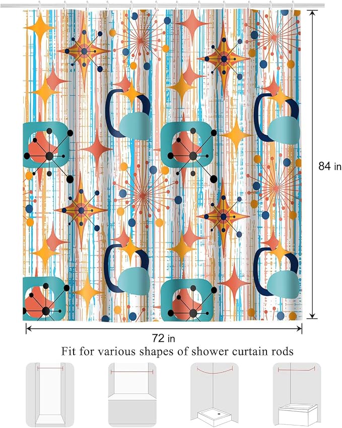 Mid Century Shower Curtain, 72x84inch, Modern Abstract Retro Colorful Striped Geometric Shower Curtain Sets 1950s Boho Bathroom Shower Curtain with 12 Hooks