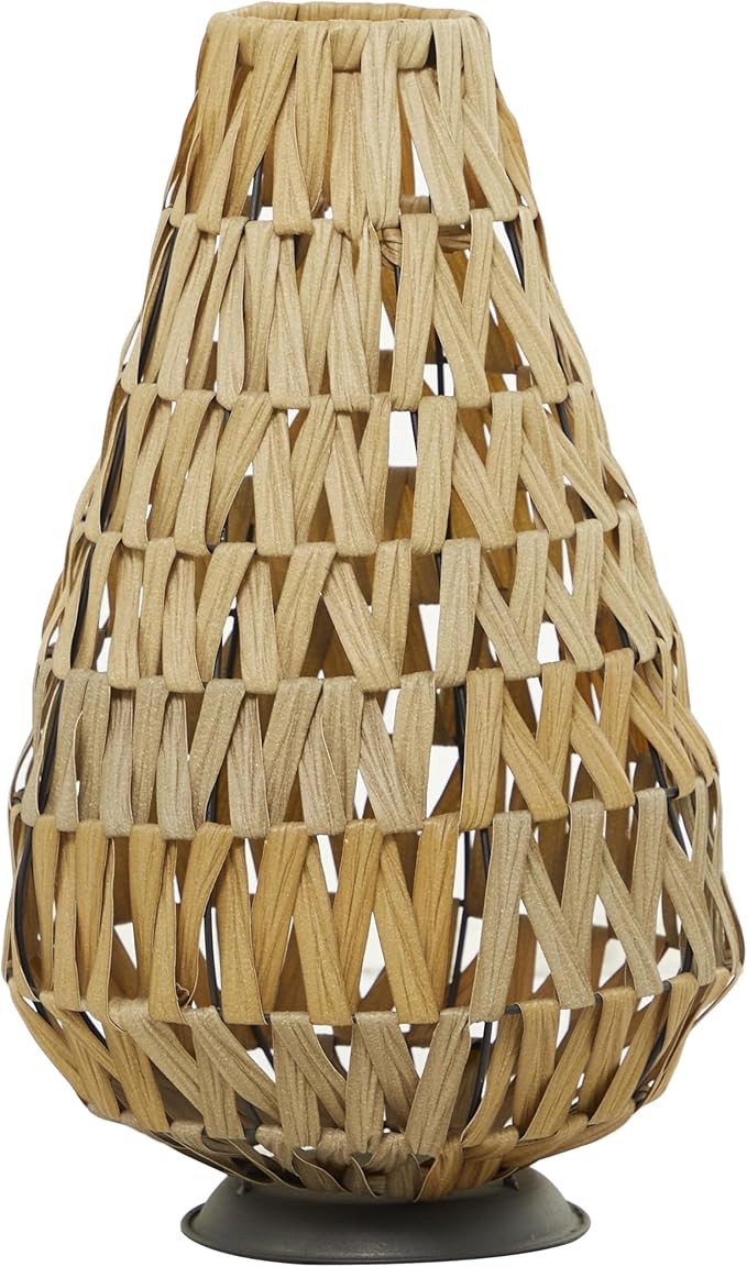 Deco 79 Plastic Rattan Handmade Decorative Candle Lantern with Wrapped Zig Zag Design, 11" x 11" x 19", Light Brown