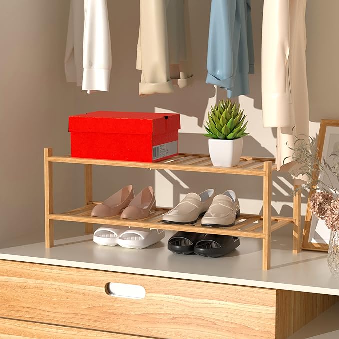 RONGJlA 2 Tier Bamboo Shoe Rack for Closet Free Standing Wood Shoe Shelf Storage Organizer for Entryway Small Space Stackable, Natural