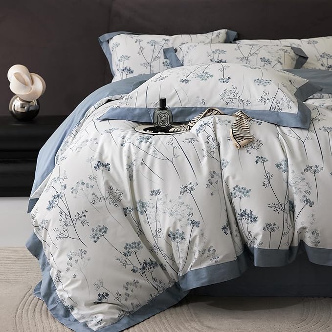 HighBuy Garden Blue Floral Duvet Cover Queen Floral Bedding Comforter Cover Queen Set Luxury Soft Boho Flowers Printed Cozy for Women Men Cottagecore Botanical Floral Bedding Sets Queen All Season