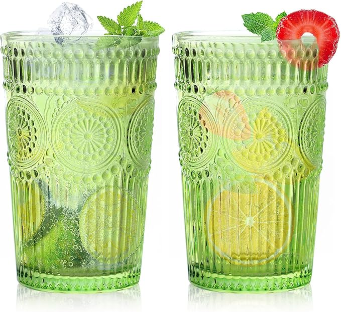 Loivttvv 6pcs Vintage Drinking Glasses Set, 12 oz Green Highball Glasses, Embossed Ribbed Glassware Cups for Cocktail, Water, Juice, Coffee, Whiskey