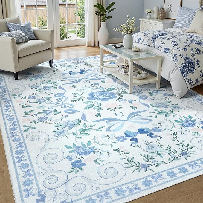 DCX Washable 4x6 Bow Rug, Blue Floral Rug for Girls’ Bedroom, Cute Soft Low Pile Indoor Décor Carpet, Kid & Pet Friendly Nursery Rug for Living Room, Dorm, Playroom