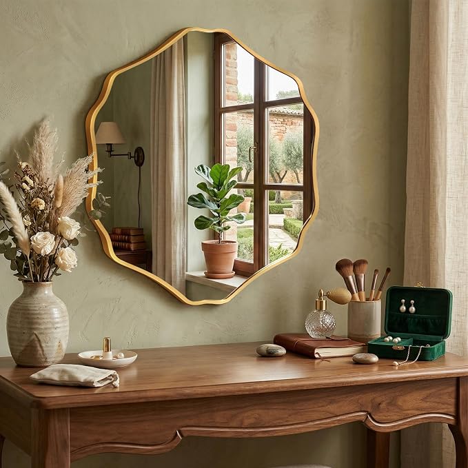 Irregular Hexagon Wall Mirror with Wavy Edge, Modern Decorative Mirror for Bathroom, Bedroom, Living Room, Frameless Vanity Mirror