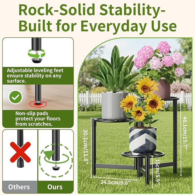 Metal Plant Stand Outdoor Indoor, 3 Tier Foldable Corner Tall Plant Shelf for Multiple Plants Flower Pot Holder Display Stand for Living Room Balcony Garden Patio -BlackS