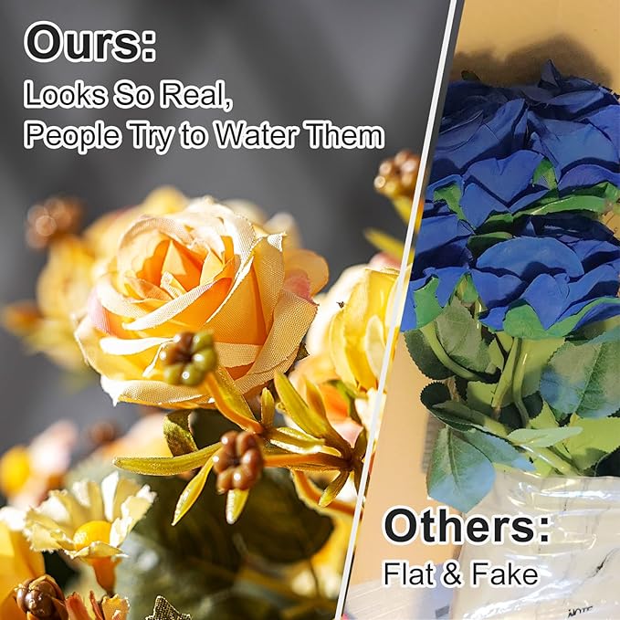 Artificial Rose Flowers for Outdoor 4 Bundles Rose Bouquet with Daisy Faux Flowers UV Resistant for Home Indoor Outside Garden Porch Window Box Balcony Yard Porch Fall Decor (Yellow)