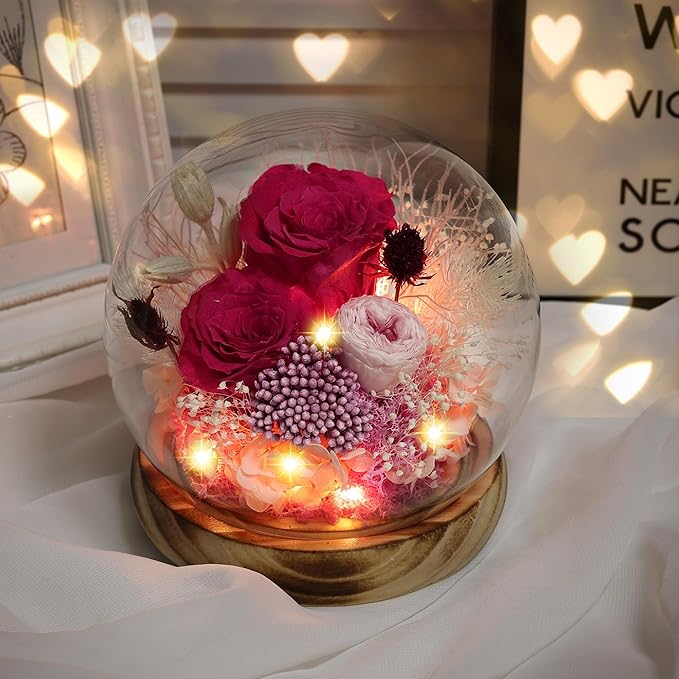 Preserved Flowers Bouquets Unique Rose Preserved Flower Gifts in Glass Dome for Women,Wife, Grandma Suitable for Birthday, Mother’s Day, Valentine’s Day, Anniversary, Christmas