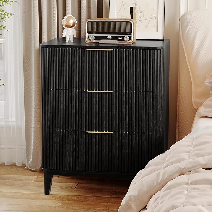 3 Drawer Fluted Dresser for Bedroom, Modern Closet Dressers Chest of Drawers, 23.6" Rustic Wood Nightstand 3-Drawer Dresser Bedside Table, Curved End Table with 3 Large Drawers for Living Room Black