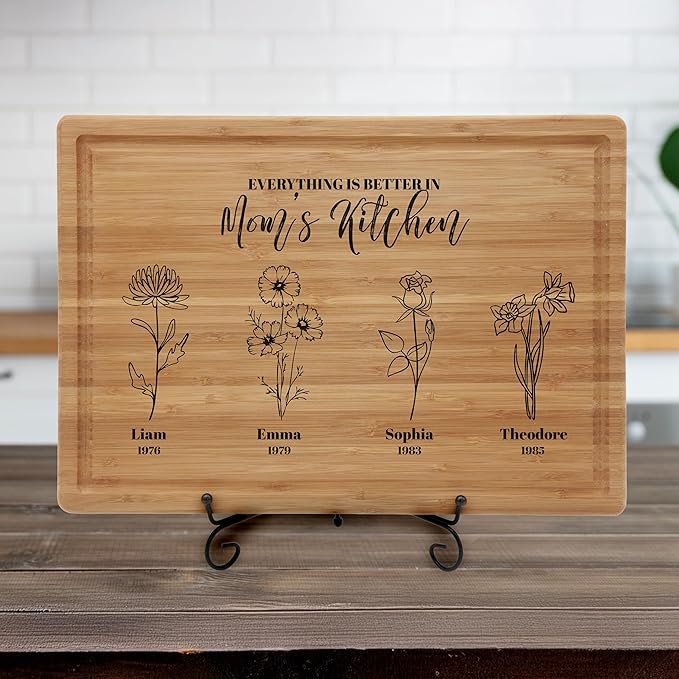 Personalized Birth Flower Cutting Board, Mom or Grandma, Custom Mom Gifts for Christmas, Mother’s Day, Birthday from Daughter, Son, Grandkids, Personalized Birth Month Flower Mothers Garden Gifts