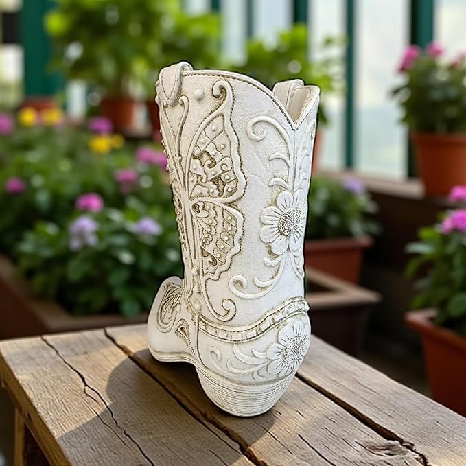 Top Brass Butterfly Boot Vase – Resin Cowboy/Cowgirl Boot Decor - Antique White Finish, Tooled Leather Look, Protective Pads, Modern Rustic Western Flower Holder, 7” Tall