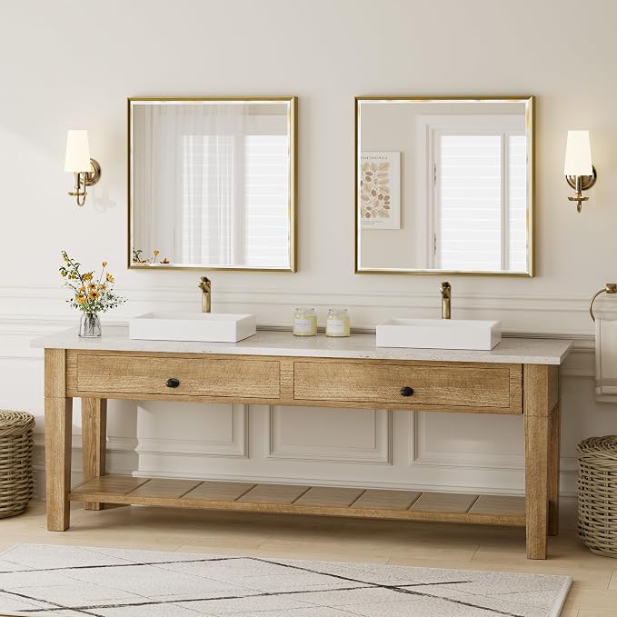 Gold Bathroom Mirror 36x36 Inch Square Beveled Bathroom Vanity Mirror Brushed Gold Framed Bathroom Mirror, Shatterproof Brushed Brass Metal Frame Mirror for Bathroom Wall