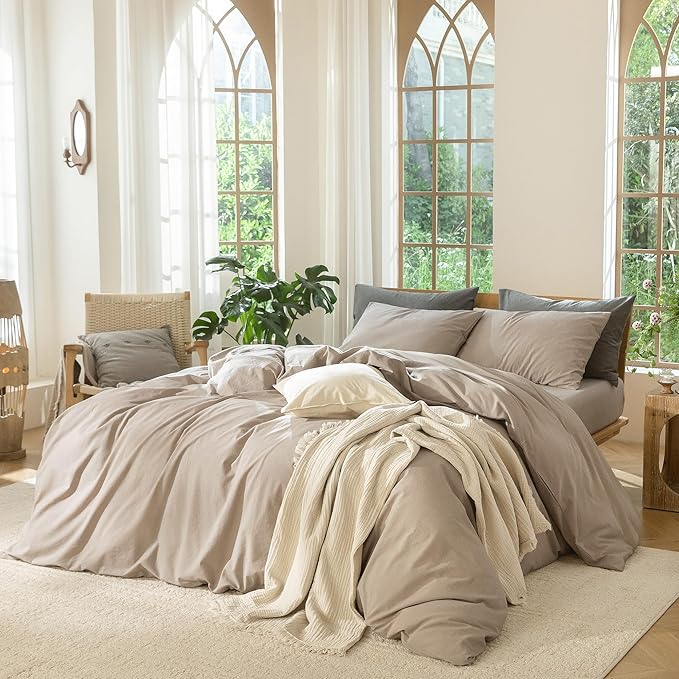 MooMee Bedding Duvet Cover Set 100% Washed Cotton Linen Like Textured Breathable Durable Soft Comfy (Heathered Taupe, Super King 108"x98")