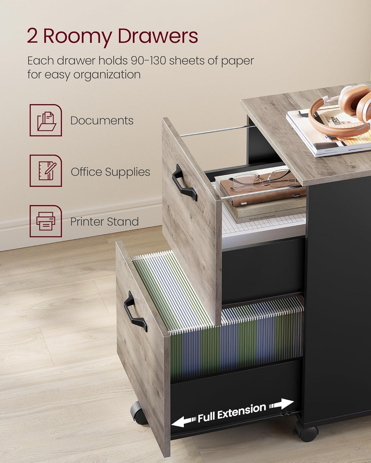 VASAGLE 2-Drawer File Cabinet - Compact Rolling Filing Cabinet for Home Office | A4 & Letter Size, Heather Greige & Ink Black, 15.7 x 16.5 x 27.6 Inches