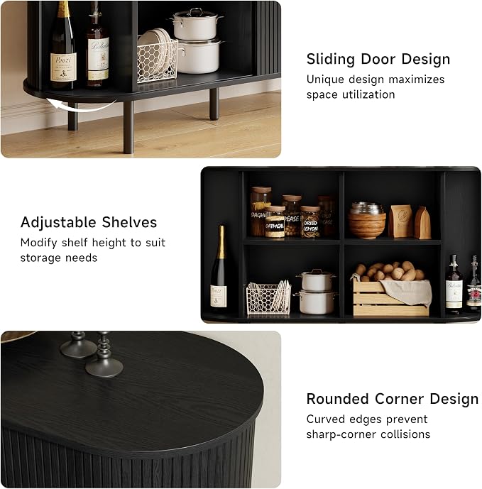 Buffet Sideboard Cabinet with Storage, 48" Fluted Cabinet with Sliding Door & Adjustable Shelf, Modern Accent Coffee Bar Console Table for Kitchen, Entryway, Black