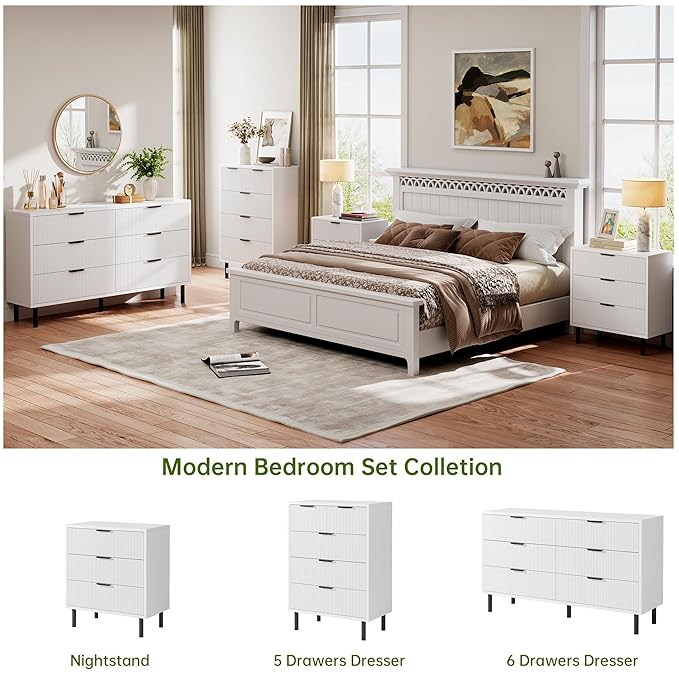 GarveeHome White Fluted 3 Drawers Dresser, Wide Wood Chest of Drawers, Modern Storage Dresser Chest of Drawers Organizer with Metal Legs and Anti-Tipping Device for Bedroom Living Room