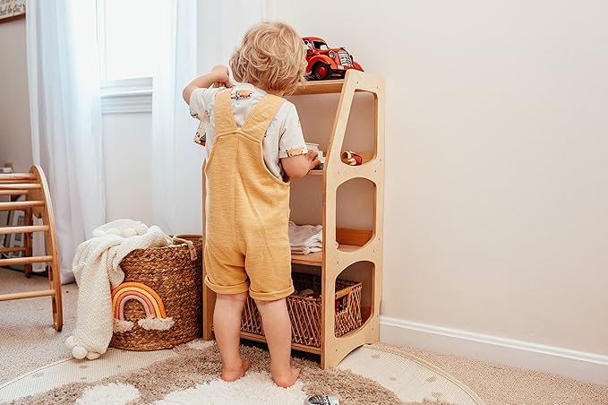 WOOD&ROOM Montessori Bookshelf for Toddlers - Toy Storage Shelf Organizer for Nursery, Playroom and Classroom - Floor Bookshelf for Kids - Small Display Rack for Books and Toys - Wooden Kids Bookcase