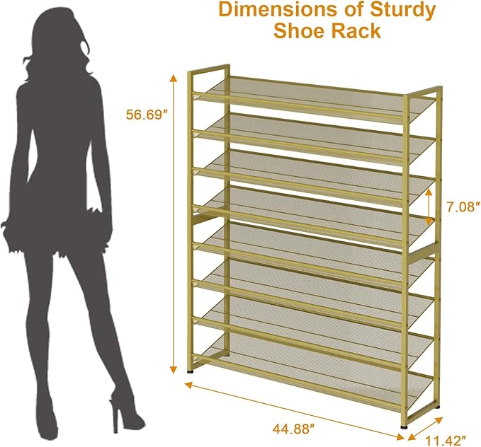 NEYCIL Large Shoe Rack 8 Tier Shoe Organizer, Heavy Duty Metal 4-Tier Stackable Shoe Storage Vertical Shoe Rack for Closet Front Door Entrance, Up to 50 Pairs, 44.8" W x 11.4" D x 56.7" H, Gold