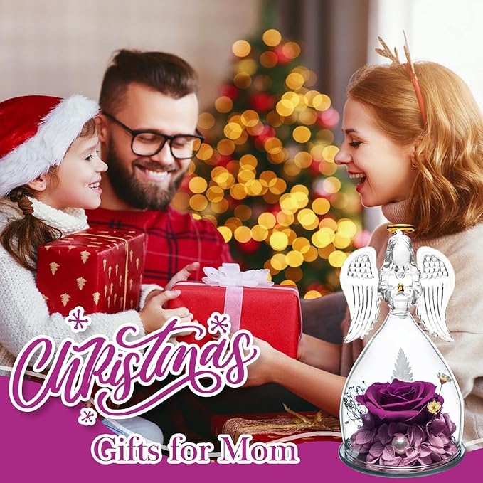 Christmas Women Gifts for Mom Birthday Gifts for Mom,Angel Birthday Gifts for Women Preserved Flower Rose in Glass Angel Figurines with Necklace, Purple Flower Gifts for Grandma Mother Sister Wife Her