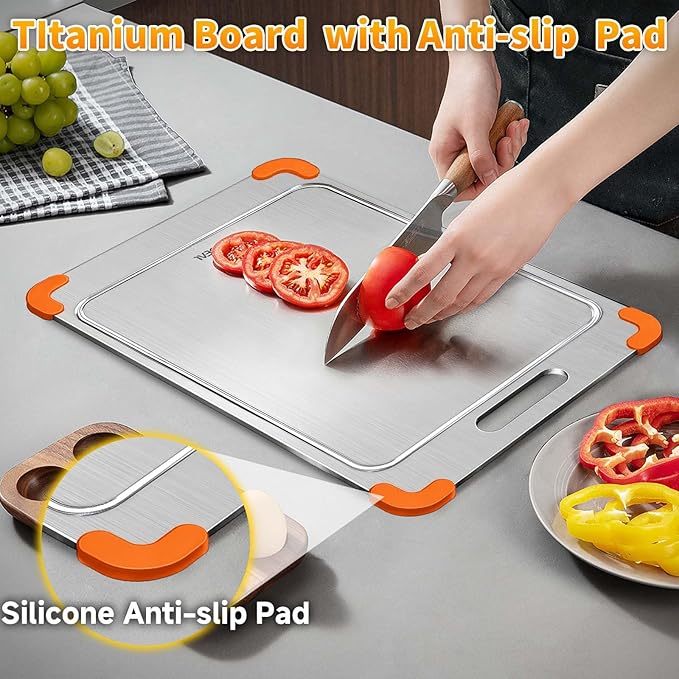 100% Pure Titanium Cutting Board with Grooves, Update Double Side Titanium Chopping Board, Silicone Anti-slip Stainless Cutting Boards for Kitchen 9 * 13 IN, Orange