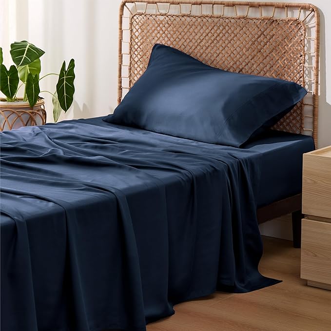 Bedsure Cooling Sheets Twin, Rayon Derived from Bamboo, Breathable & Soft Twin Sheets Set, Deep Pocket Up to 16 Inches, Hotel Luxury Silky Bedding for Hot Sleepers, Navy
