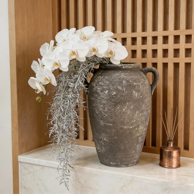 Ceramic Flower Vase with Handles Home Decor - 9 Inch Farmhouse Rustic Table Vases Living Room Decoration Decorative Vintage Pottery for Kitchen Shelf Dining Bookshelf Fireplace Centerpiece (Retro-9")
