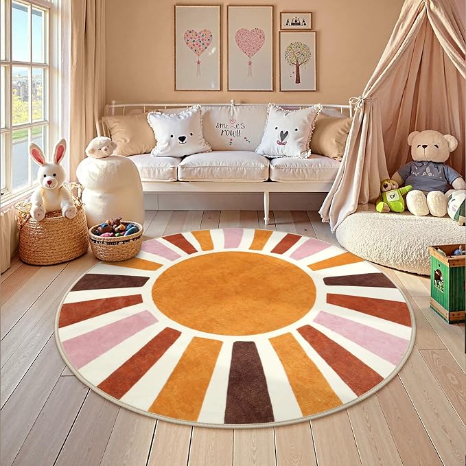 LIVEBOX Boho Nursery Rug Round 4ft Sun Rainbow Rug for Girls Bedroom, Soft Retro Colorful Circular Rugs for Kids Room, Non-Slip Circle Cute Washable Rugs for Living Room Classroom Play Room