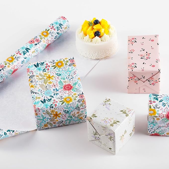 Miss DuiDui Floral Gift Wrapping Paper, 3 Rolls, 17 inch x 9.8 feet, Colorful Spring Summer Assorted Flower Design for Wedding, Birthday, Valentines' Day, Baby Shower, Anniversary, Bridal Shower, Party