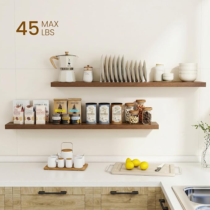 Dreamland 48Inch Floating Shelves for Wall, Rustic Wooden Walnut Floating Shelves for Living Room, Kitchen, Farmhouse, Deep Wall Mounted Book Shelf, Wood Storage Display Shelf for Home Decor, Set of 2
